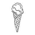 Black and white illustration of a cone shaped ice cream ball in a waffle cup. Royalty Free Stock Photo